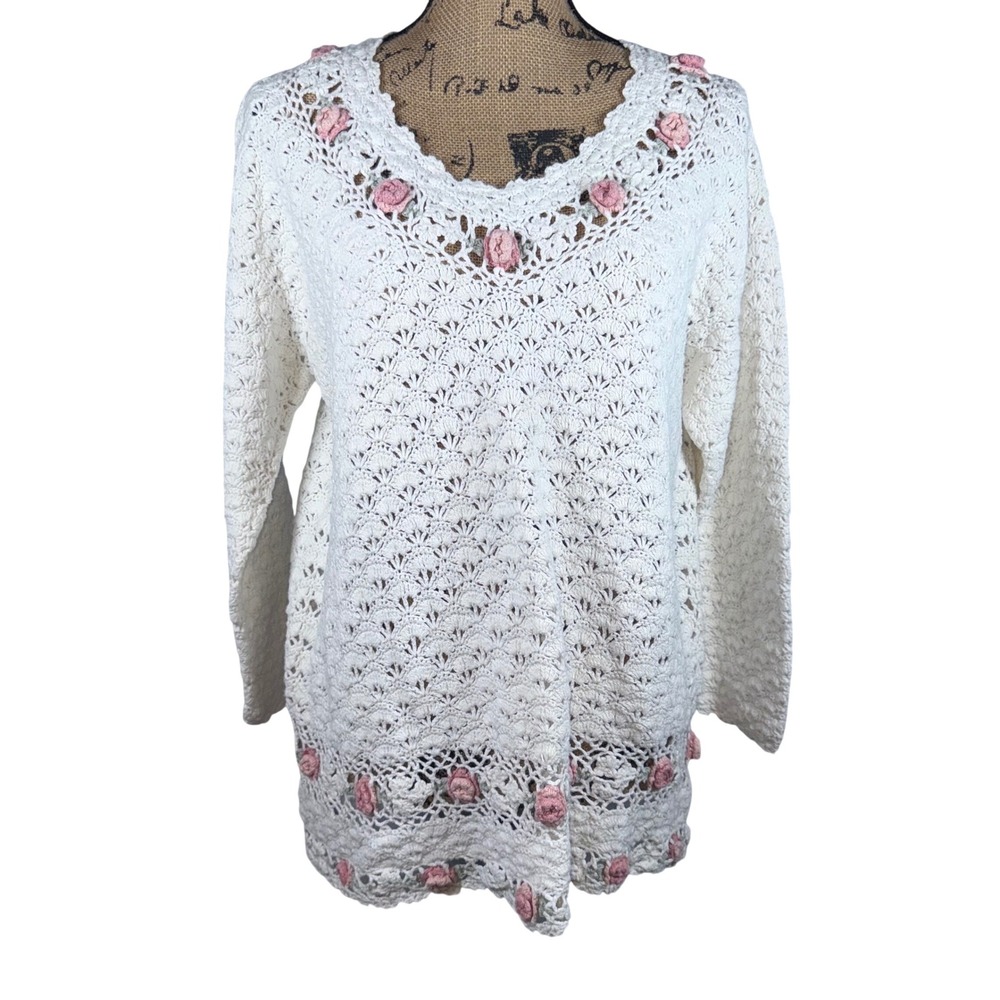 Vtg Shenanigans Crochet Floral Sweater M White Pink Rose Cottagecore Grannycore